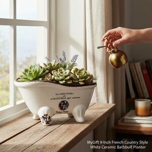MyGift Bathtub Planter 9-Inch White Ceramic French Country
